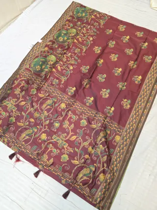 Maroon Wine Fancy Soft Silk Saree with Traditional Kantha Stitch Floral and Bird Jaal and Tasselled Pallu