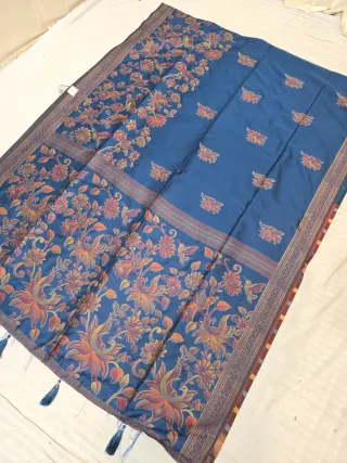 Ocean Blue Fancy Soft Silk Saree with Traditional Kantha Stitch Floral Jaal and Peacock Pictorial Tasselled Pallu