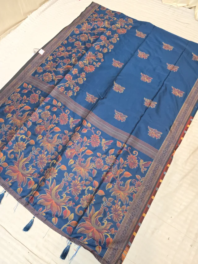 Ocean Blue Fancy Soft Silk Saree with Traditional Kantha Stitch Floral Jaal and Peacock Pictorial Tasselled Pallu