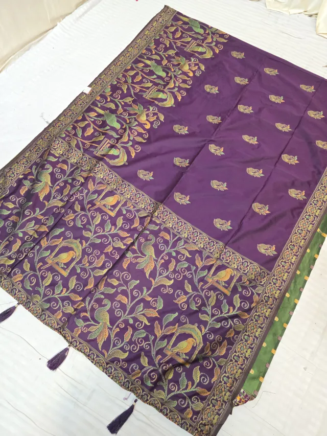 Royal Purple Fancy Soft Silk Saree with Traditional Kantha Stitch Floral and Bird Jaal and Tasselled Pallu