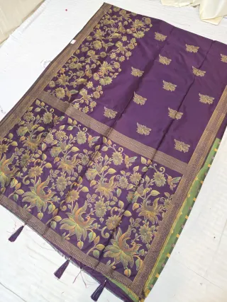 Deep Violet Purple Fancy Soft Silk Saree with Traditional Kantha Stitch Floral Jaal and Peacock Pictorial Tasselled Pallu
