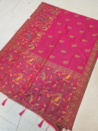 Rani Pink Fancy Soft Silk Saree with Traditional Kantha Stitch Floral Jaal and Peacock Pictorial Tasselled Pallu