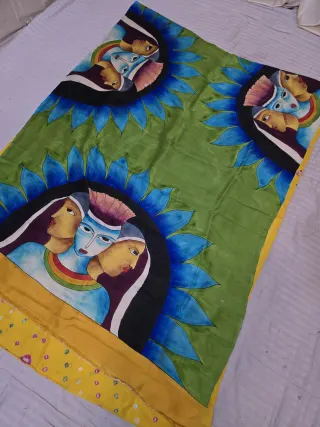 Olive Green and Sunflower Yellow Pure Murshidabad Silk Saree with Hand-Painted Figurative Art and Chungri Bandhani Accent