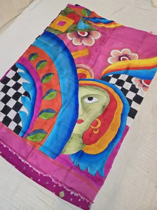 Candy Pink and Deep Purple Pure Murshidabad Silk Saree with Hand-Painted Figurative Modern Art and Chungri Bandhani Accent