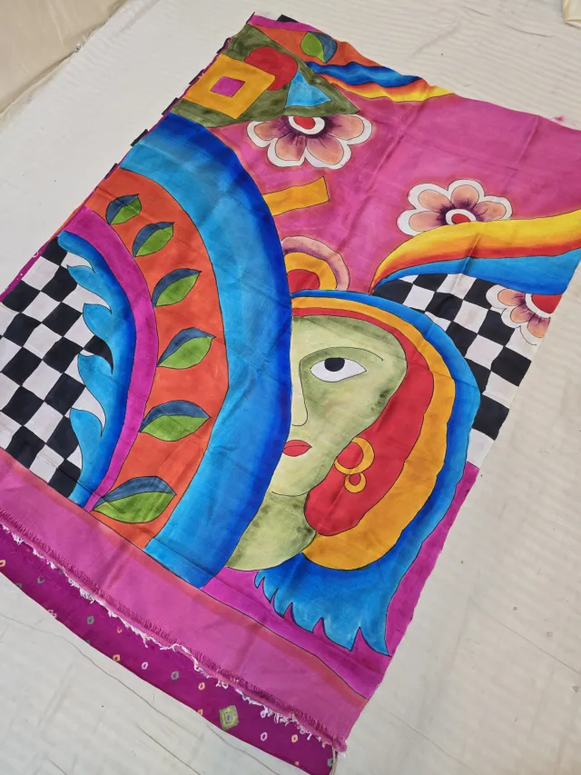 Candy Pink and Deep Purple Pure Murshidabad Silk Saree with Hand-Painted Figurative Modern Art and Chungri Bandhani Accent