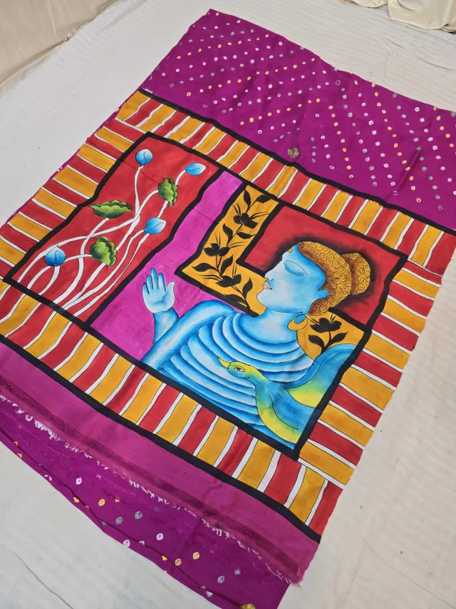 Magenta Purple Pure Murshidabad Silk Saree with Hand-Painted Meditative Buddha Art and Chungri Bandhani