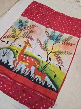 Crimson Red Pure Murshidabad Silk Saree with Hand-Painted Deer Nature Art and Chungri Bandhani