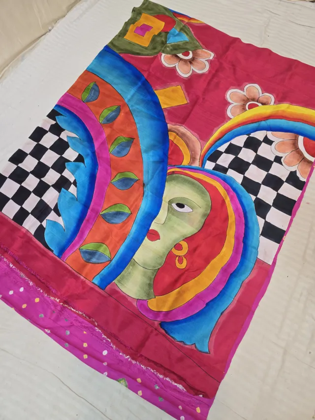 Candy Pink and Magenta Purple Pure Murshidabad Silk Saree with Hand-Painted Figurative Modern Art and Chungri Bandhani Accent