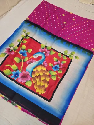 Magenta Pink Pure Murshidabad Silk Saree with Hand-Painted Peacock Floral Nature Art and Chungri Bandhani
