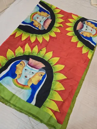 Vermilion Red and Olive Green Pure Murshidabad Silk Saree with Hand-Painted Figurative Art and Sunflower Halos