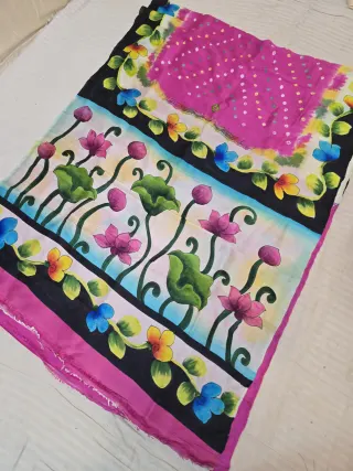 Rani Pink Pure Murshidabad Silk Saree with Hand-Painted Lotus Pond Nature Art and Chungri Bandhani