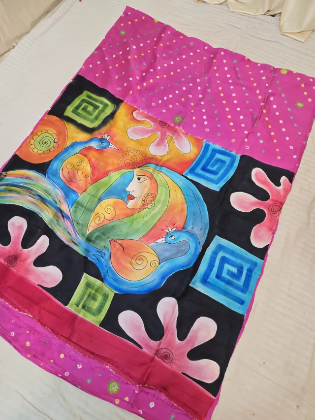 Rani Pink Pure Murshidabad Silk Saree with Hand-Painted Folk Maiden Peacock Art and Chungri Bandhani