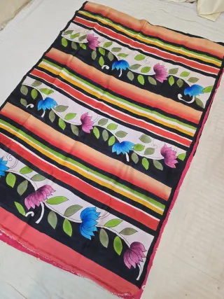 Multicolor and Rani Pink Pure Murshidabad Silk Saree with Hand-Painted Striped Lotus Floral Art and Chungri Bandhani