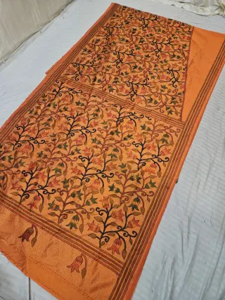 Marigold Orange Blended Bangalore Silk Saree with Hand-Painted Floral Vine and Kantha Stitch Work