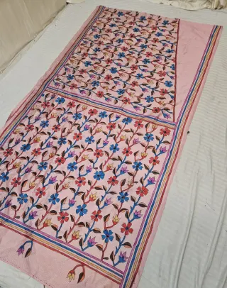 Baby Pink Blended Bangalore Silk Saree with Hand-Painted Floral Vine and Kantha Stitch Work