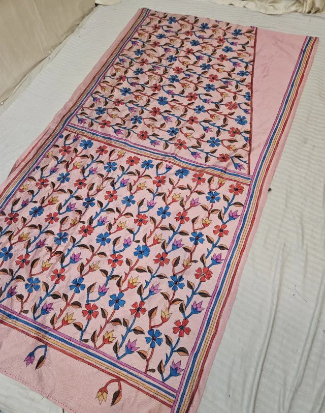 Baby Pink Blended Bangalore Silk Saree with Hand-Painted Floral Vine and Kantha Stitch Work