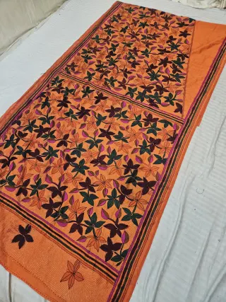 Marigold Orange Blended Bangalore Silk Saree with Hand-Painted Multi-Petal Floral Jaal and Kantha Stitch Work