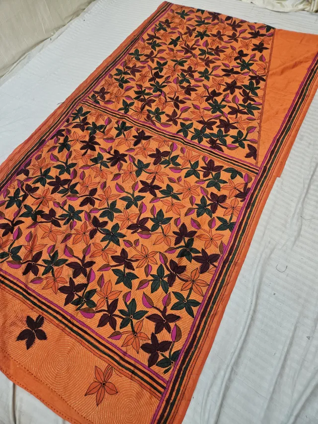 Marigold Orange Blended Bangalore Silk Saree with Hand-Painted Multi-Petal Floral Jaal and Kantha Stitch Work