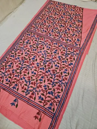 Baby Pink Blended Bangalore Silk Saree with Hand-Painted Bell Flower Vines and Kantha Stitch Work