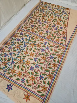 Beige Cream Blended Bangalore Silk Saree with Hand-Painted Multi-Petal Floral Jaal and Kantha Stitch Work