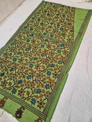 Parrot Green Blended Bangalore Silk Saree with Hand-Painted Multi-Petal Floral Jaal and Kantha Stitch Work