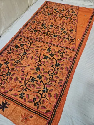 Marigold Orange Blended Bangalore Silk Saree with Hand-Painted Multi-Petal Floral Jaal and Kantha Stitch Work