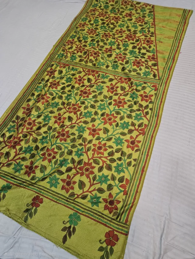 Lemon Yellow Blended Bangalore Silk Saree with Hand-Painted Multi-Petal Floral Jaal and Kantha Stitch Work