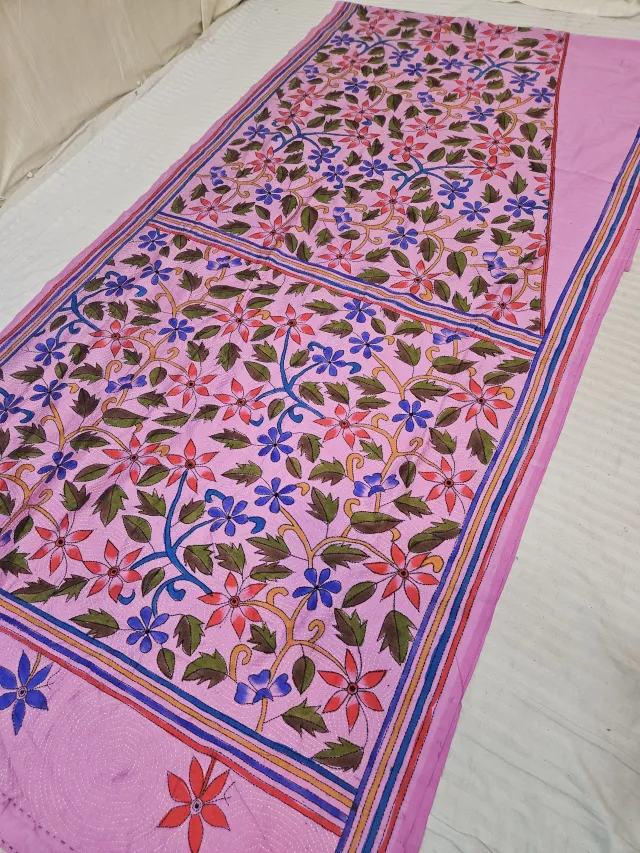 Baby Pink Blended Bangalore Silk Saree with Hand-Painted Multi-Petal Floral Jaal and Kantha Stitch Work