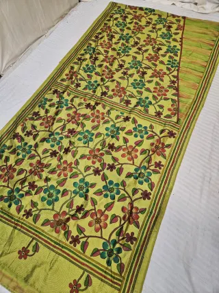 Lime Yellow Blended Bangalore Silk Saree with Hand-Painted Multi-Petal Floral Jaal and Kantha Stitch Work