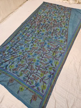 Teal Blue Blended Bangalore Silk Saree with Hand-Painted Birds on Floral Vines and Kantha Stitch Work