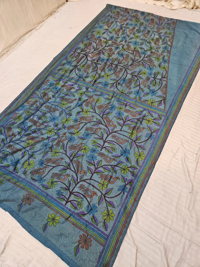 Teal Blue Blended Bangalore Silk Saree with Hand-Painted Birds on Floral Vines and Kantha Stitch Work