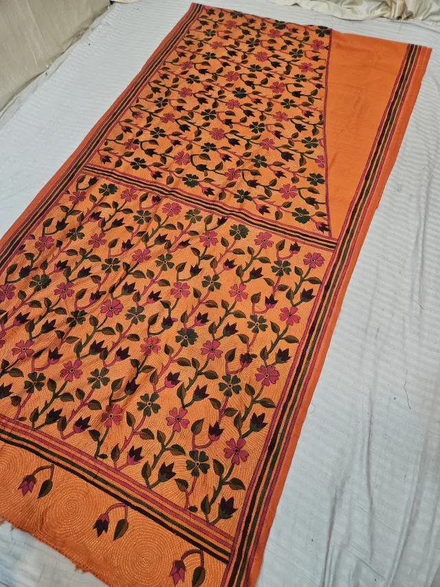 Marigold Orange Blended Bangalore Silk Saree with Hand-Painted Floral Vine Jaal and Kantha Stitch Work