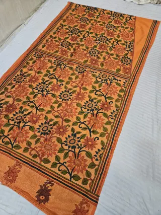 Marigold Orange Blended Bangalore Silk Saree with Hand-Painted Sunflower Jaal and Kantha Stitch Work