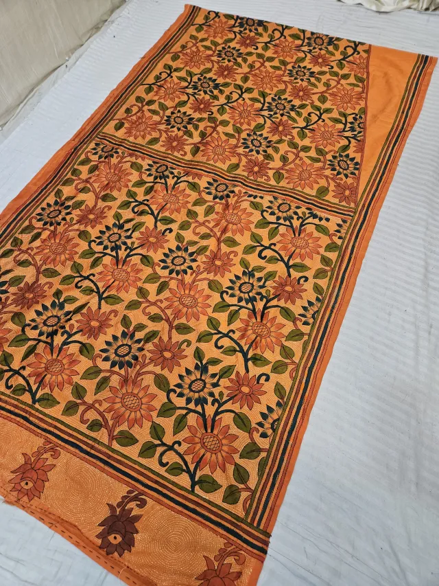 Marigold Orange Blended Bangalore Silk Saree with Hand-Painted Sunflower Jaal and Kantha Stitch Work