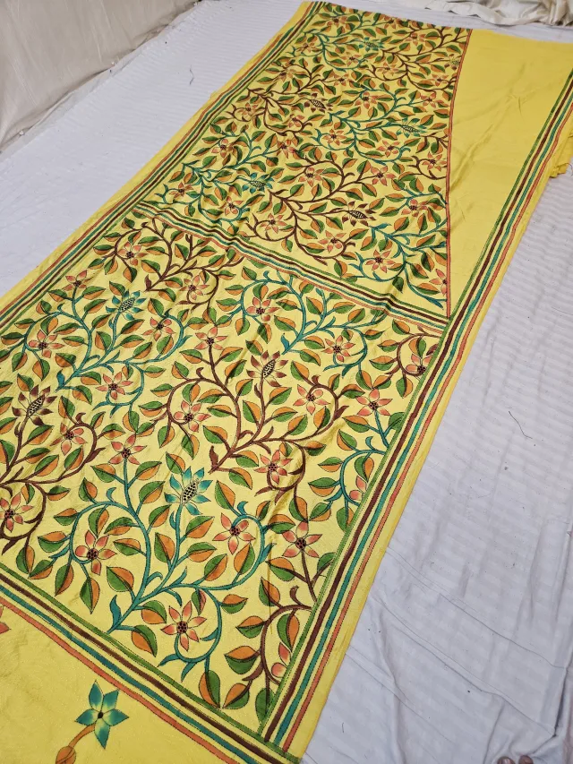 Lemon Yellow Blended Bangalore Silk Saree with Hand-Painted Botanical Leafy Vine Jaal and Kantha Stitch Work