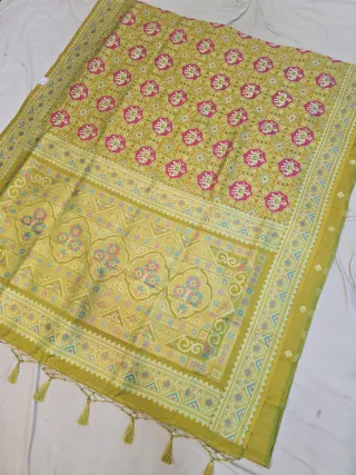 Mustard Yellow Soft Silk Saree with Ikkat Print Jaal and Woven Time Border