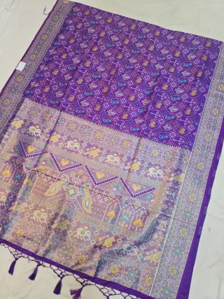 Royal Purple Soft Silk Saree with Ikkat Elephant & Bird Print Jaal and Woven Time Border