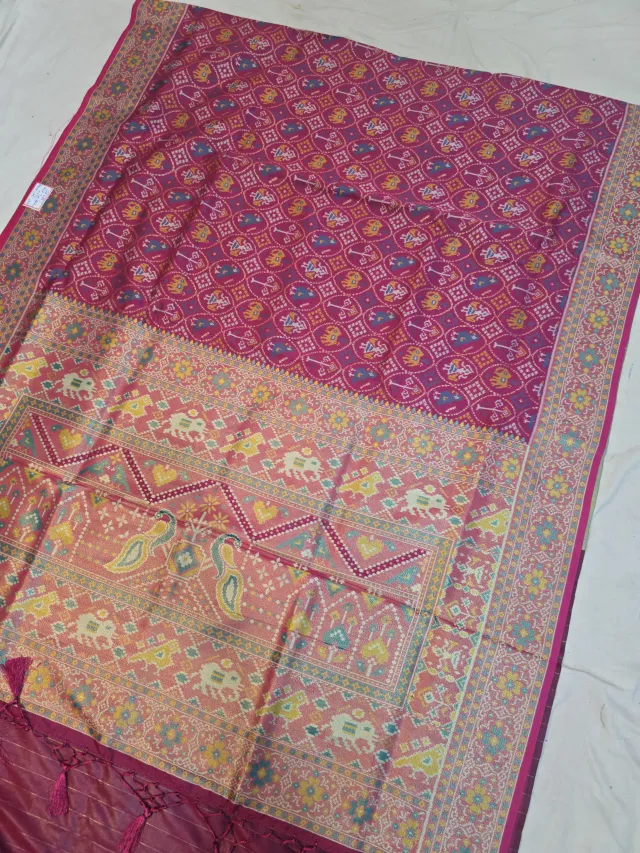 Rani Pink Soft Silk Saree with Ikkat Elephant & Figurative Print Jaal and Woven Time Border