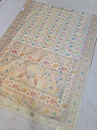 Off-White Cream Soft Silk Saree with Ikkat Figurative Print Jaal and Woven Time Border