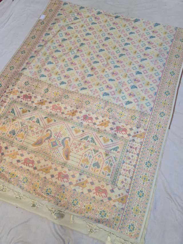 Off-White Cream Soft Silk Saree with Ikkat Figurative Print Jaal and Woven Time Border