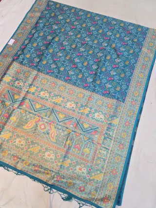 Ocean Blue Soft Silk Saree with Ikkat Elephant & Figurative Print Jaal and Woven Time Border