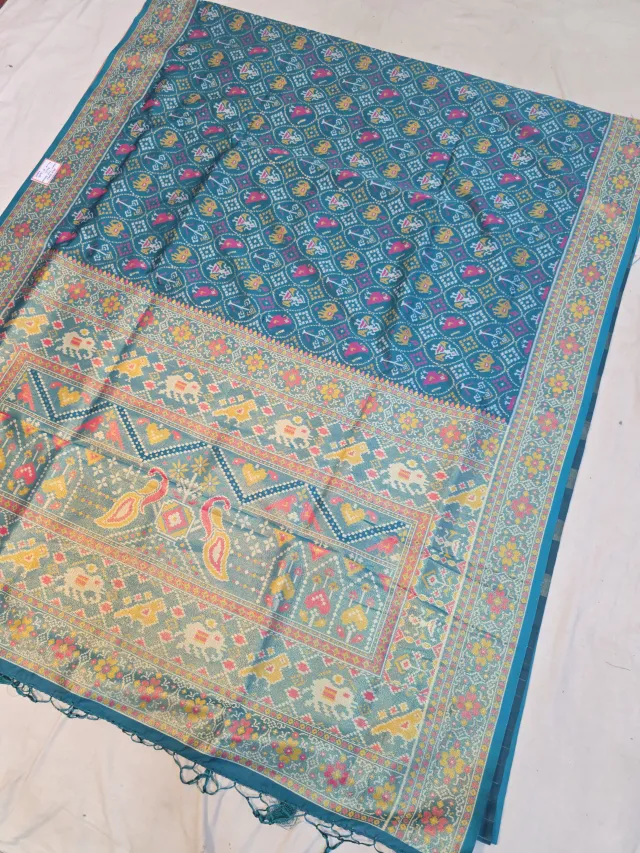 Ocean Blue Soft Silk Saree with Ikkat Elephant & Figurative Print Jaal and Woven Time Border