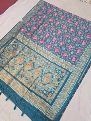 Ocean Blue Soft Silk Saree with Ikkat Print Jaal and Woven Time Border