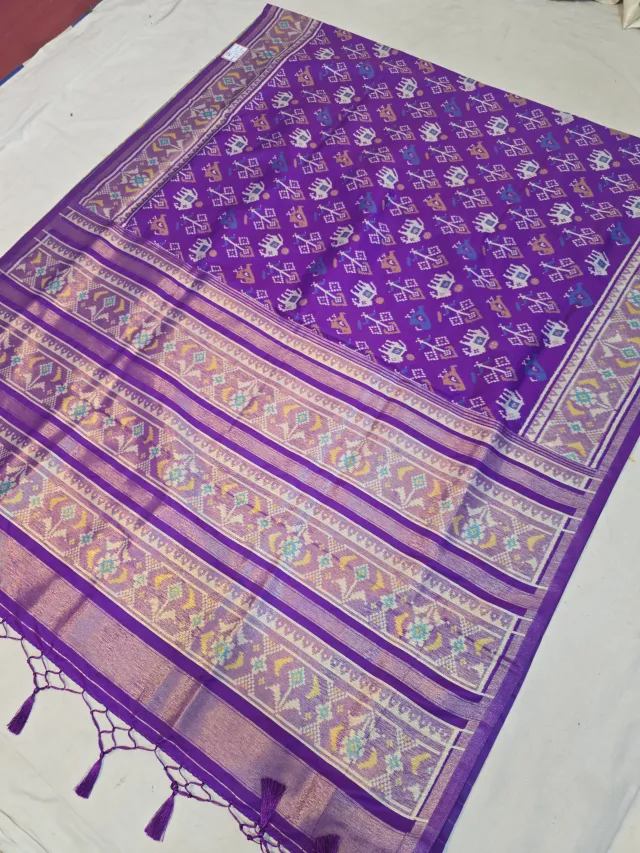 Royal Purple Soft Silk Saree with Ikkat Elephant & Bird Print Jaal and Woven Time Border