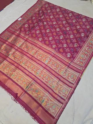 Rani Pink Soft Silk Saree with Ikkat Elephant & Bird Print Jaal and Woven Time Border