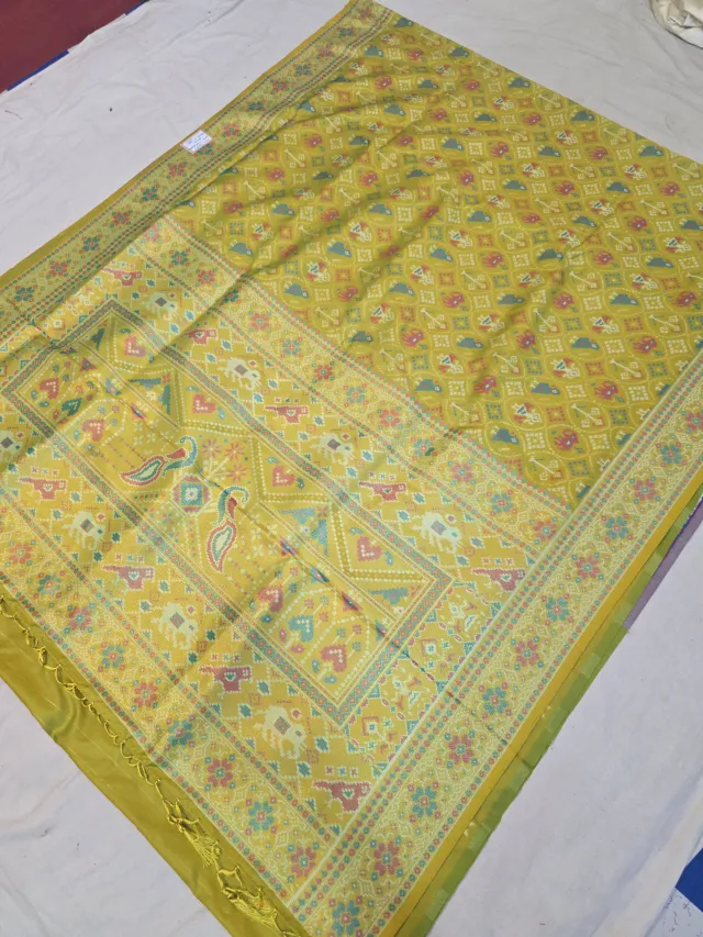 Mustard Yellow Soft Silk Saree with Ikkat Elephant & Figurative Print Jaal and Woven Time Border