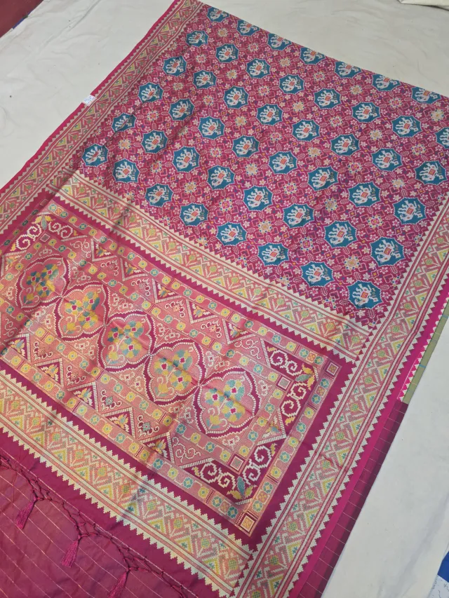 Rani Pink Soft Silk Saree with Ikkat Print Jaal and Woven Time Border