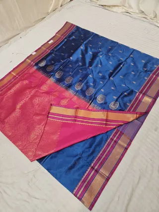 Royal Blue Soft Silk Saree with Gadwal Peacock Buta and Contrast Rani Pink Zari Pallu