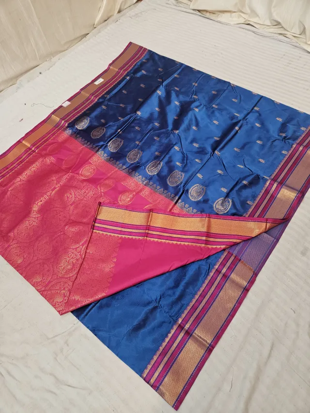 Royal Blue Soft Silk Saree with Gadwal Peacock Buta and Contrast Rani Pink Zari Pallu