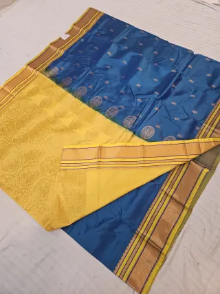 Peacock Blue Soft Silk Saree with Gadwal Peacock Buta and Contrast Yellow Zari Pallu